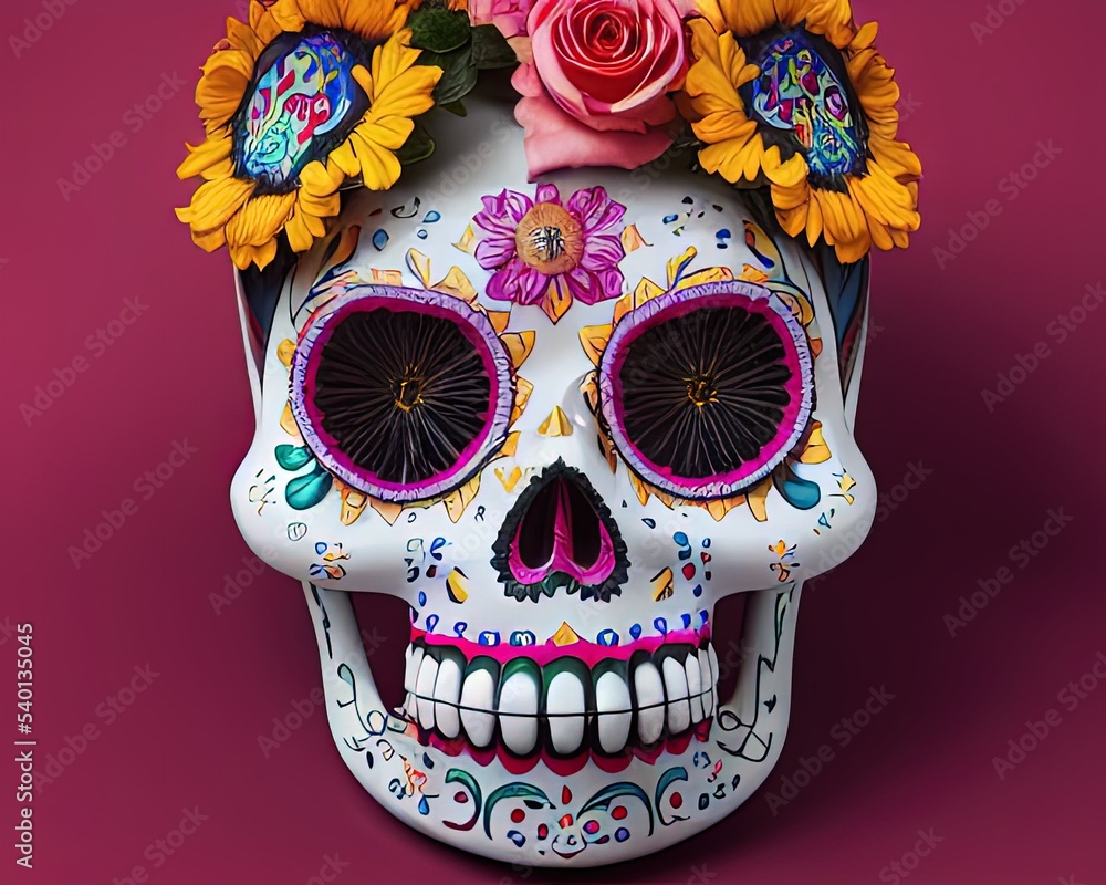 A colorful portrait of a skull and flowers for 