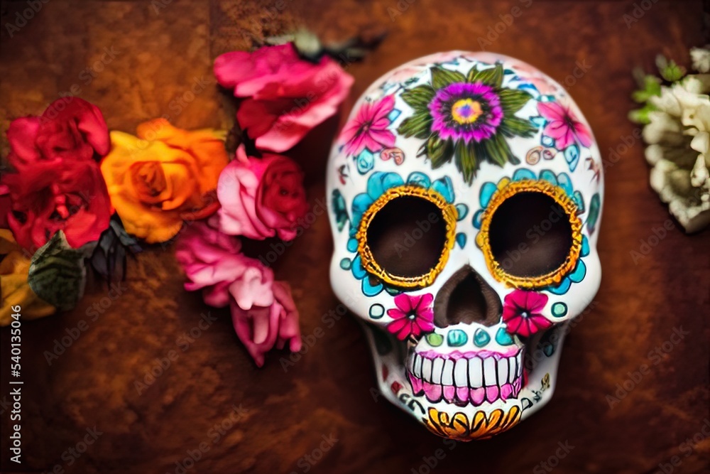 A colorful portrait of a skull and flowers for 