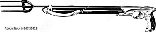 PNG engraved style illustration for posters, decoration and print. Hand drawn sketch of harpoon gun in black isolated on white background. Detailed vintage etching style drawing.	
 photo