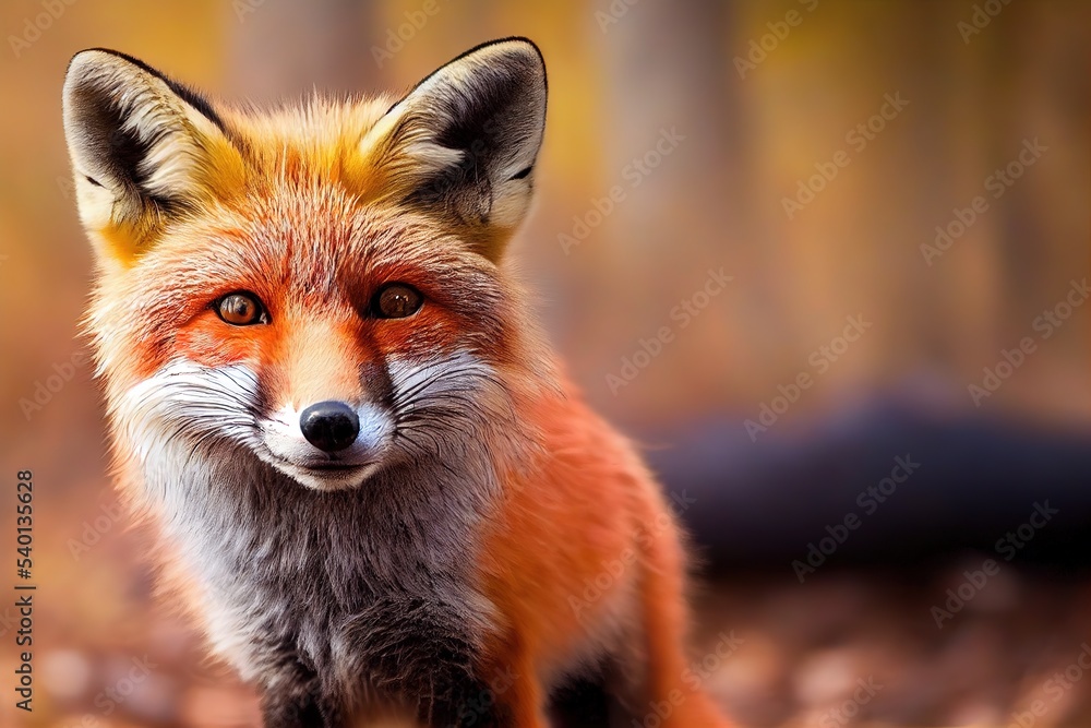 Red Fox - Vulpes Vulpes, Close-up Portrait With Bokeh Of Autumn Trees In The Background Red Fox - Vulpes Vulpes, Close-up Portrait With Bokeh Of Autumn Trees In The Background