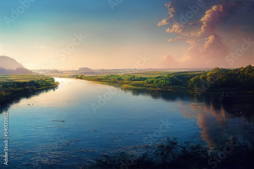 Danube River landscape  Hyper-realistic  River  Volumetric lighting  water  sunrise  trees  dappled sunshine  Raking Sunlight