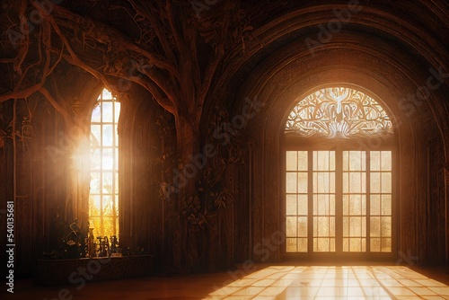 elven castle interior architecture  beautiful giant indoor tree with ornate trunk and golden leaves  god rays