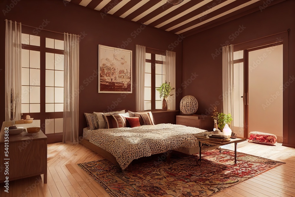 Home interior with ethnic boho decoration, Bedroom in brown warm color Home interior with ethnic boho decoration, Bedroom in brown warm color