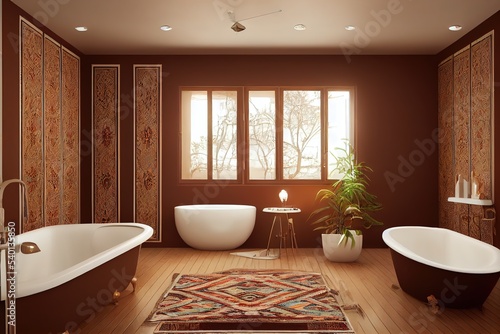 Home interior with ethnic boho decoration  Bathroom in brown warm color