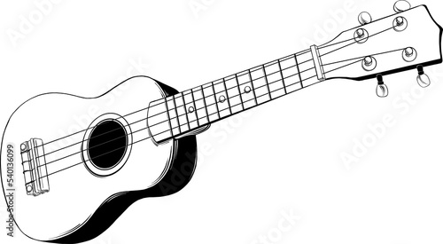 PNG engraved style illustration for posters, decoration and print. Hand drawn sketch of Hawaiian ukulele guitar in black isolated on white background. Detailed vintage etching style drawing.	
 photo