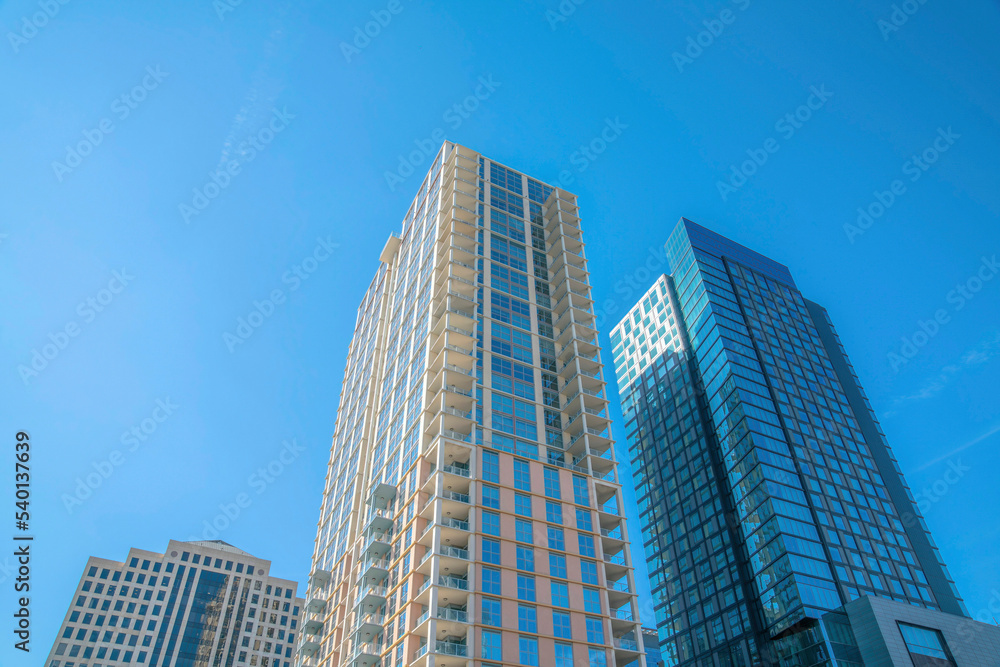 Looking up at building exterior at a residential complex in Austin Texas Looking up at building exterior at a residential complex in Austin Texas