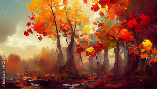 Illustration autumn landscape beautiful colored trees. Color in nature. gorgeous view. 