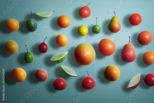 Fruit composition on blue background. Sliced oranges  lime  pears  tangerines lying on the surface. Image with fruit for creativity and advertising.