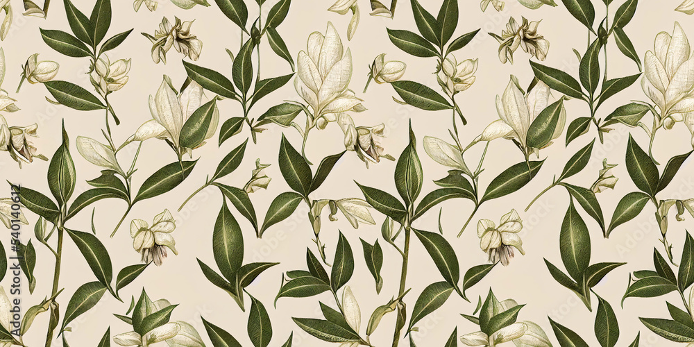 Seamless pattern with flowers and vanilla sticks. Orchid. Vintage botanical 3d illustration for printing fabric, wrapping paper, packaging. Seamless pattern with flowers and vanilla sticks. Orchid. Vintage botanical 3d illustration for printing fabric, wrapping paper, packaging.