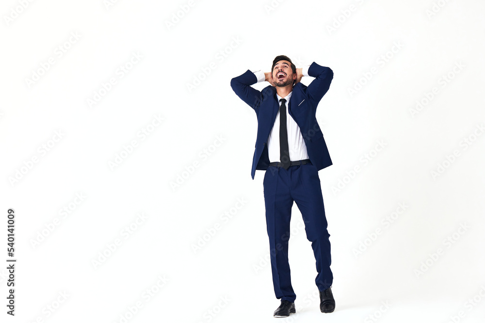 Man business smile with teeth in costume running and jumping flying up open mouth happiness and surprise full-length on white isolated background copy space Man business smile with teeth in costume running and jumping flying up open mouth happiness and surprise full-length on white isolated background copy space