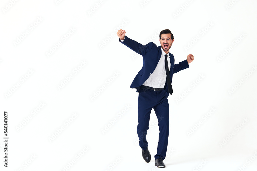 Man business smile with teeth in costume running and jumping flying up open mouth happiness and surprise full-length on white isolated background copy space Man business smile with teeth in costume running and jumping flying up open mouth happiness and surprise full-length on white isolated background copy space