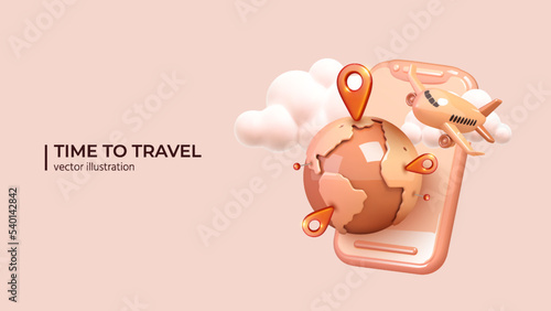 Opportunity to travel the world again. Realistic 3d design of holidays, airplane flights. Visiting interesting places. Travel concept in Realistic 3d cartoon minimal style. Vector illustration