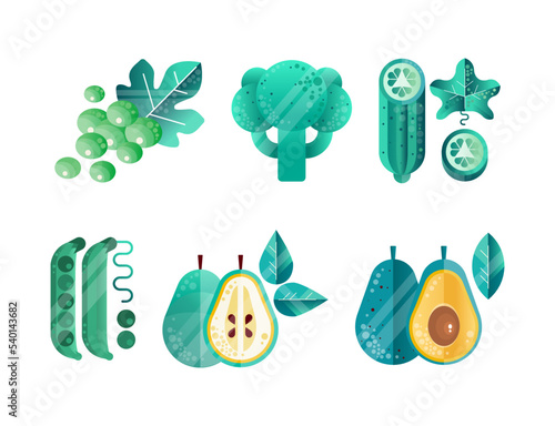 Fruit and Vegetables with Grape, Green Pea Pod, Pear, Avocado, Broccoli and Cucumber Vector Set