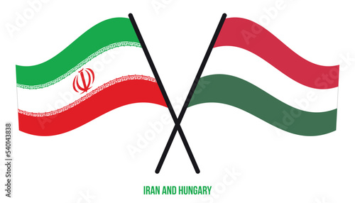 Iran and Hungary Flags Crossed And Waving Flat Style. Official Proportion. Correct Colors.