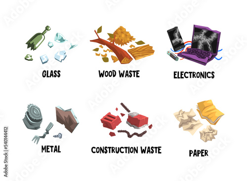 Garbage with Glass, Wood Waste, Electronics, Metal, Construction and Paper Vector Set