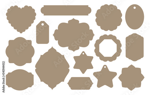 Vintage tags labels cut file set. Craft paper badge cutting knife form. Classic old fashioned label figured shapes for cutter machine. Retro tags silhouette pattern collection isolated on white.