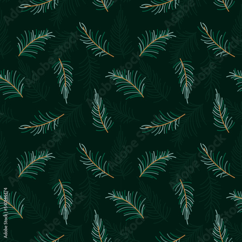 Fir spruce branch pattern evergreen christmas tree flat. Dark background green floral ornament infinite print textile paper gift wrap wallpaper element needlework winter seasonal design minimalism