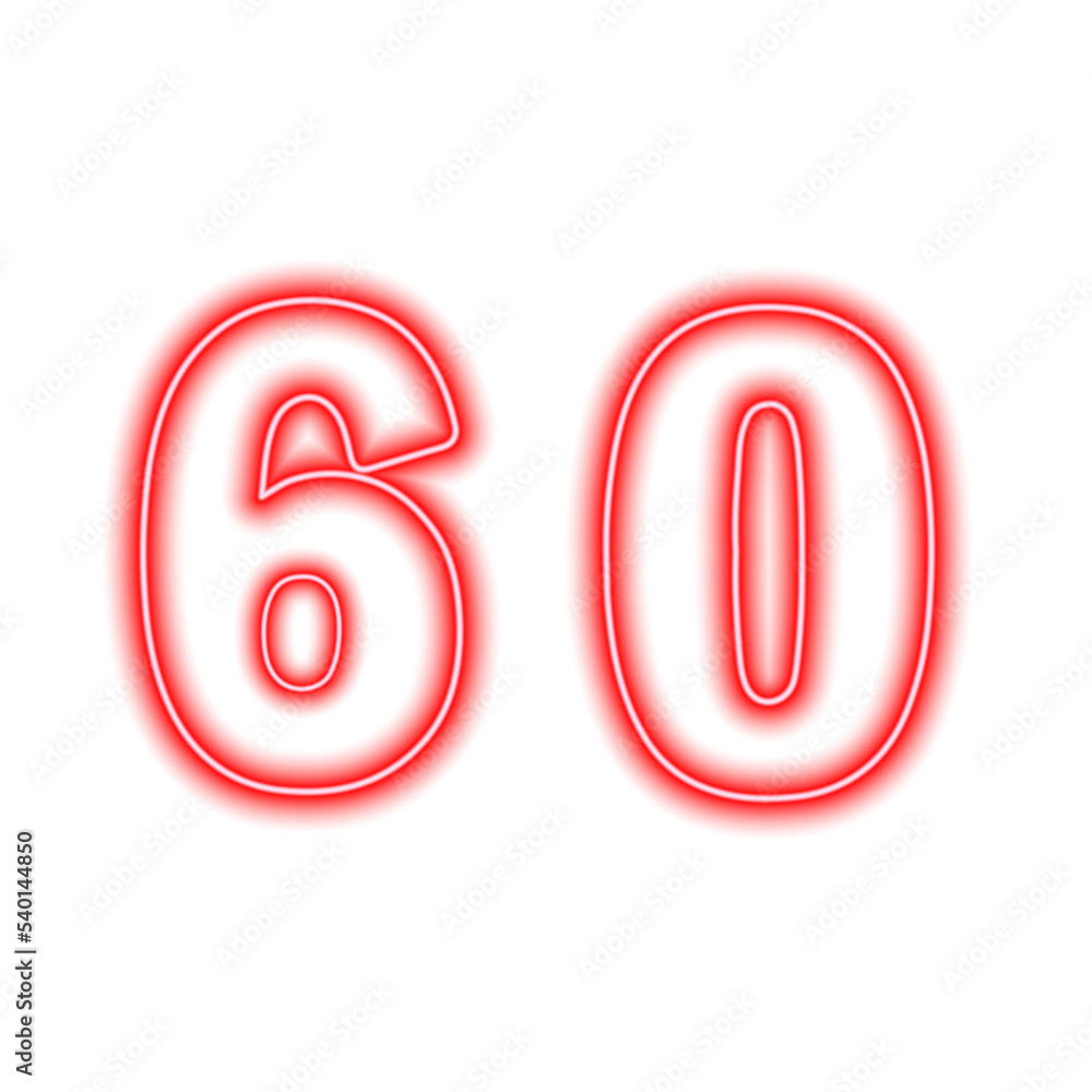 Neon red number 60 isolated on white. Serial number, price, place Neon red number 60 isolated on white. Serial number, price, place