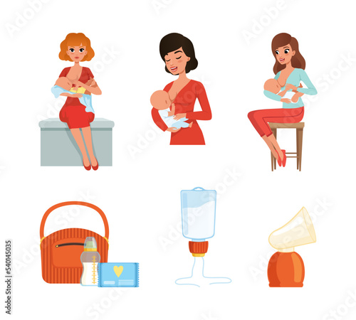 Breastfeeding with Woman Holding Baby and Items with Milk Bottle Vector Set