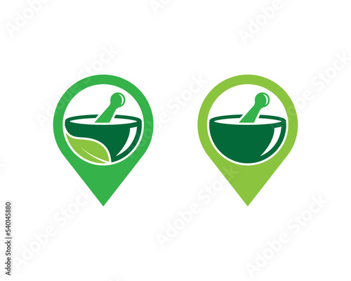 Mortar and Pestle with Pin Location Logo Concept sign icon symbol Element Design. Health Care, Pharmacy, Herbal Medicine Logotype. Vector illustration template