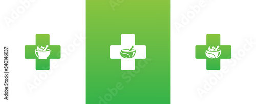 Medical Plus with Mortar and Pestle Logo Concept sign icon symbol Element Design. Health Care, Pharmacy, Herbal Medicine Logotype. Vector illustration template