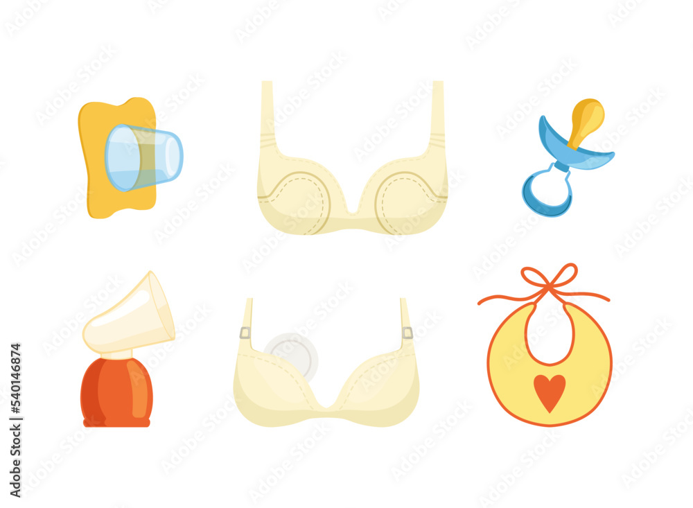 Breastfeeding Items with Soother, Bib, Bra, Cap and Cup for Milk Sucking Vector Set Breastfeeding Items with Soother, Bib, Bra, Cap and Cup for Milk Sucking Vector Set