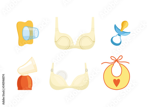 Breastfeeding Items with Soother, Bib, Bra, Cap and Cup for Milk Sucking Vector Set