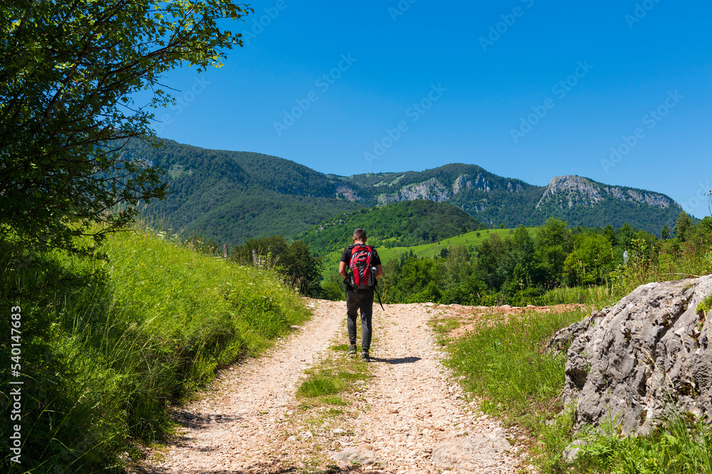 Young man walks and trekking on a mountain surrounded with with green environment and rocks.