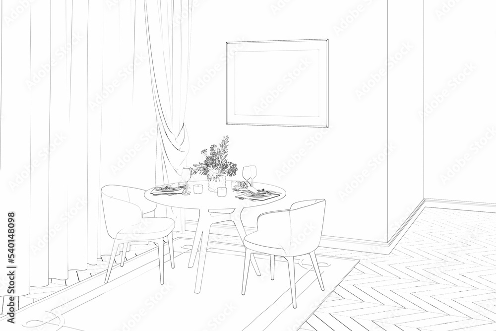 Sketch the dining room with a blank horizontal poster on the wall, chairs near the served round table, a large window with classic curtains, and carpet on the parquet floor. 3d render Sketch the dining room with a blank horizontal poster on the wall, chairs near the served round table, a large window with classic curtains, and carpet on the parquet floor. 3d render