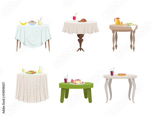 Tables Covered with Tablecloth and Served with Food Vector Set