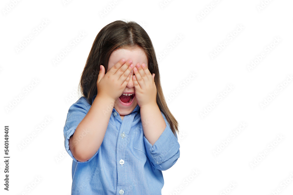 Extremely scared little girl closing eyes with hands Extremely scared little girl closing eyes with hands