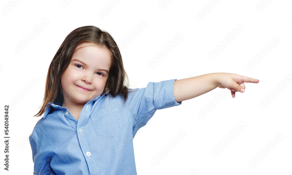 Little brunette girl pointing to the side Little brunette girl pointing to the side