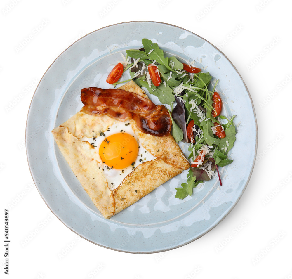 Delicious crepe with egg isolated on white, top view. Breton galette Delicious crepe with egg isolated on white, top view. Breton galette