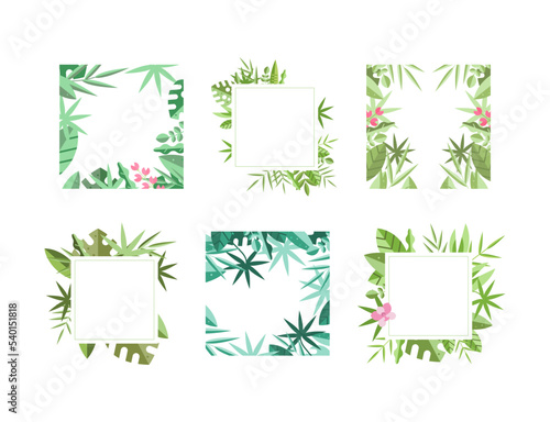 Square Frames with Green Leaves Around Border Vector Set