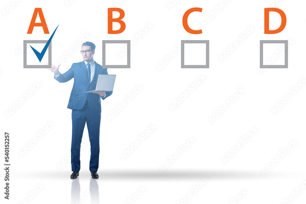 Multiple choice test question concept with business people Multiple choice test question concept with business people