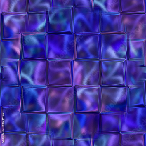 Blue seamless texture with protruding cubes. The glass squares protrude unevenly from the surface. 3D rendering. 
