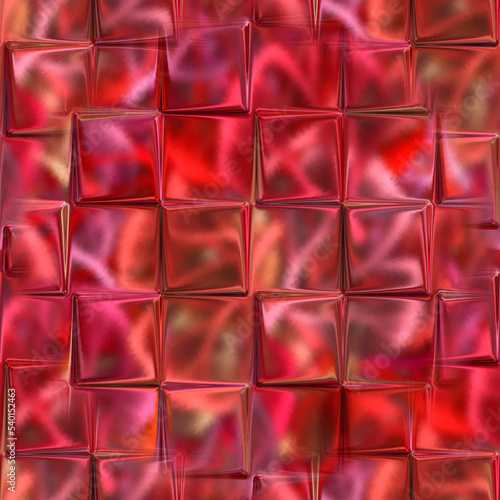 Red seamless texture with protruding cubes. The glass squares protrude unevenly from the surface. 3D rendering. 