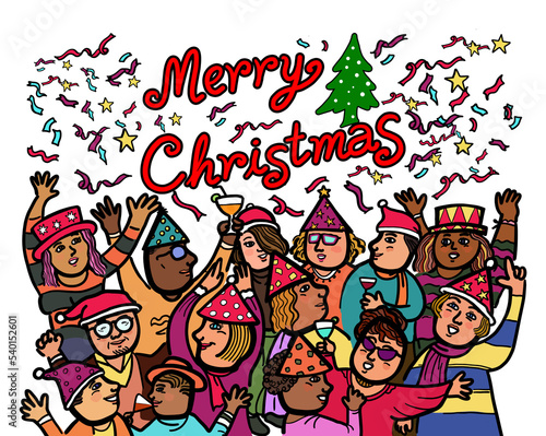 A crowd of diversity of people celebrate Christmas holidays party together. Drawing on white background.