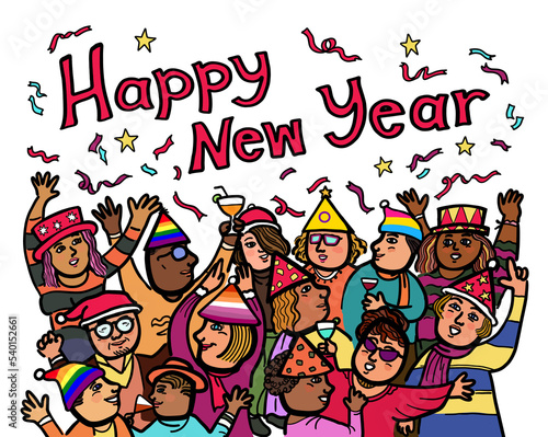 A group of gay pride lgbtq+ celebrate the new years party together.