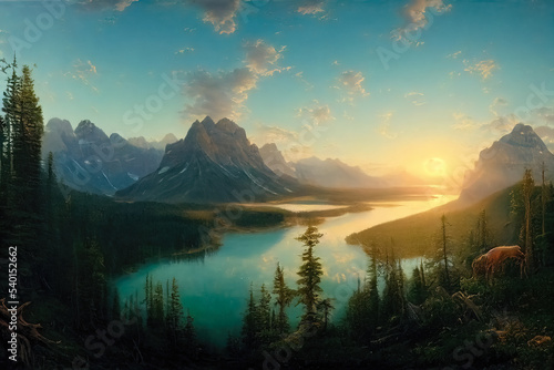 Valokuvatapetti Digital painting featuring the great outdoors with an aerial view of mountains and blue water river landscape