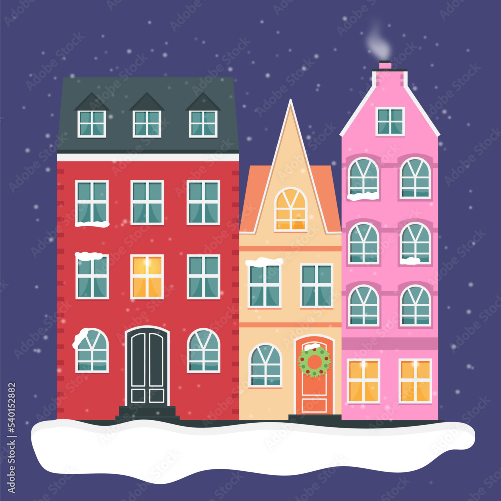 Winter city landscape. . Colorful houses. Snowy Christmas night in cozy town city panorama