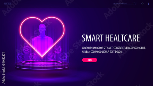 Online medicine, banner with silhouette of human on blue podium with neon heart