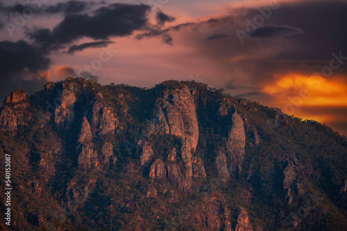 Sunset in stone mountains . Scenery remote landscape at golden hour. 