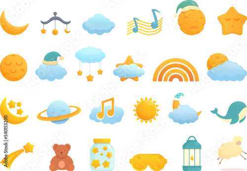 Lullaby icons set cartoon vector. Moon crescent. Baby kid