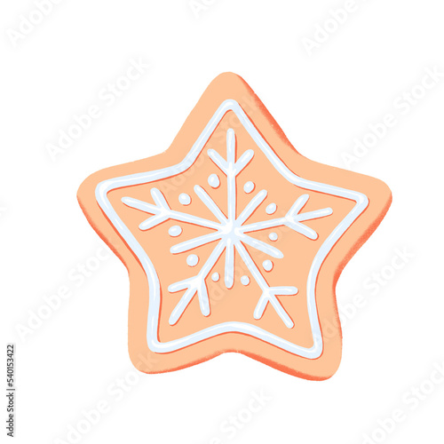 isolated Christmas snowflake cookie illustration on transparent background. star sugar cookie with white icing decoration. holiday dessert gingerbread cookie with snowflake design. xmas season food 