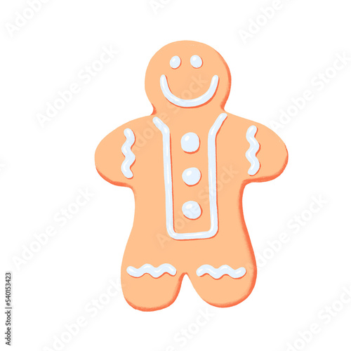 gingerbread man cookie illustration isolated on transparent background. Christmas seasonal dessert of sugar cookie with white icing. holiday baked goods happy smile cookie