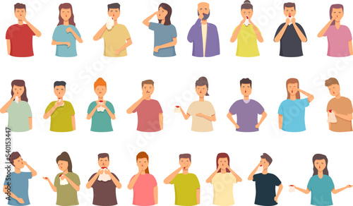 Nosebleed icons set cartoon vector. Epistaxis woman. Health face