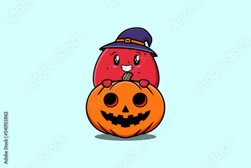Cute cartoon illustration watermelon character hiding in the scary pumpkin halloween