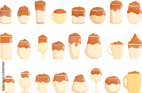 Dalgona coffee icons set cartoon vector. Cafe food. Milk drink