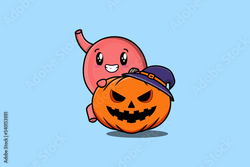 Cute cartoon illustration stomach character hiding in the scary pumpkin halloween